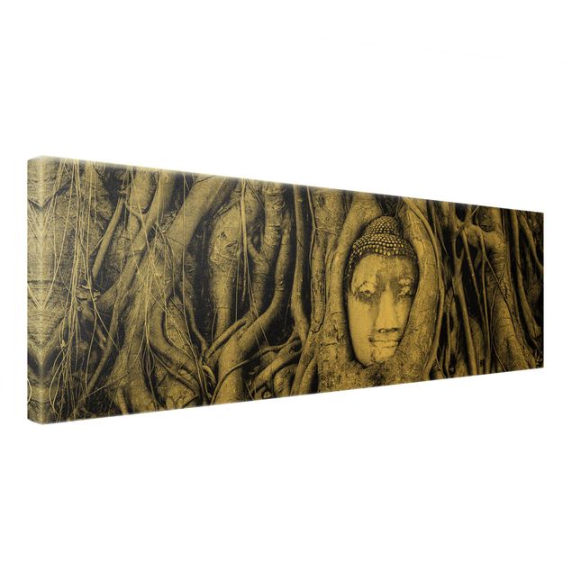 Impressions sur toile Bouddha d'Ayuttaya encadré par des racines d'arbre en noir et blanc