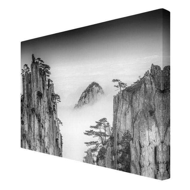 Tableau nature Roches dans le brouillard en noir et blanc