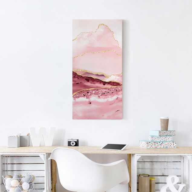 Tableaux sur toile effet pierre Abstract Mountains Pink With Golden Lines