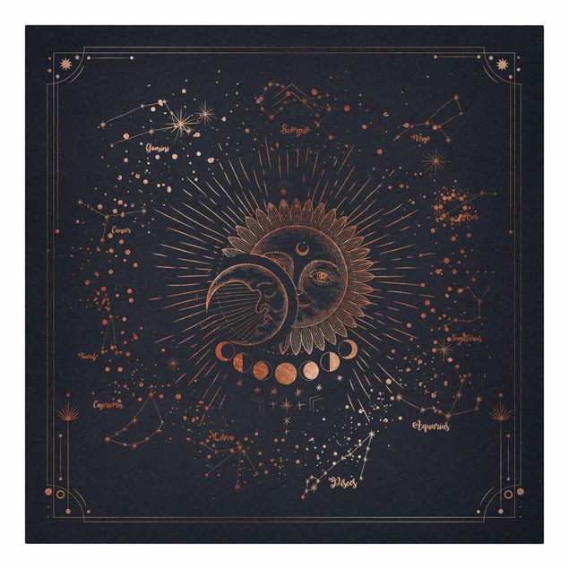 Tableau toile mappemonde Astrologie Soleil Lune Et Étoiles Or Bleu