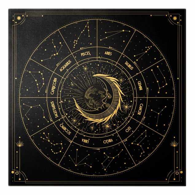 Tableaux toile Astrologie Lune et Signes du Zodiaque Noir