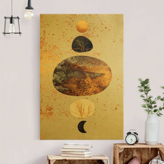 Tableau moderne Soleil et lune en gloire dorée