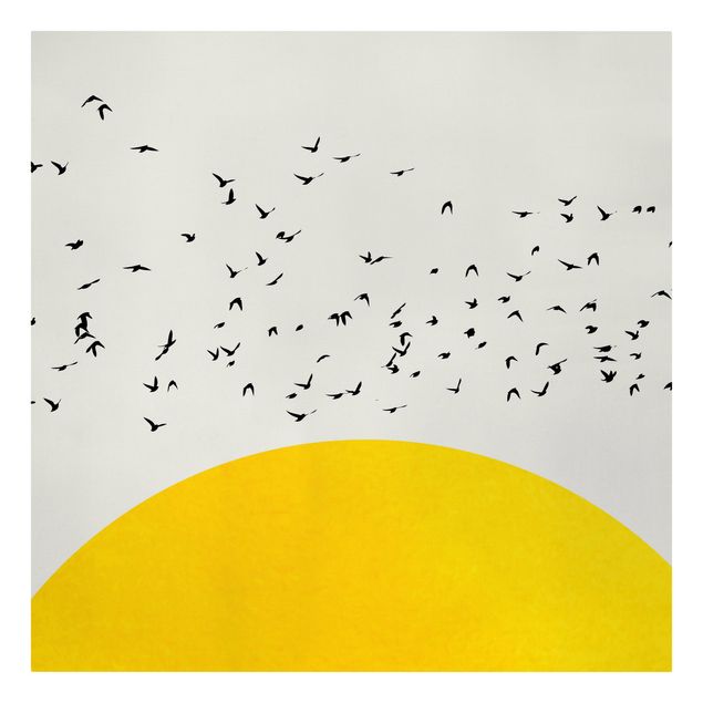 Tableaux modernes Foule d'oiseaux devant un soleil jaune