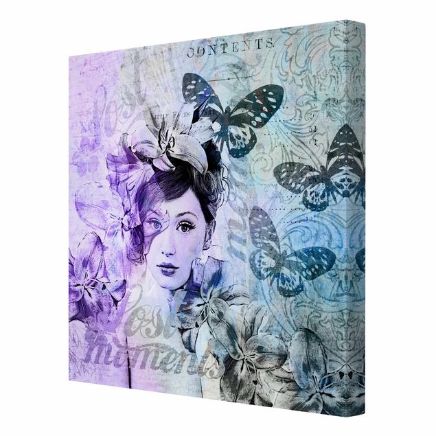 Tableau portrait Collage Shabby Chic - Portrait avec papillons