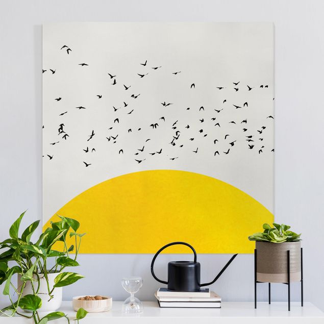 Décorations cuisine Foule d'oiseaux devant un soleil jaune