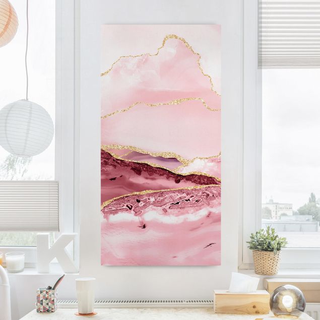 Déco mur cuisine Abstract Mountains Pink With Golden Lines