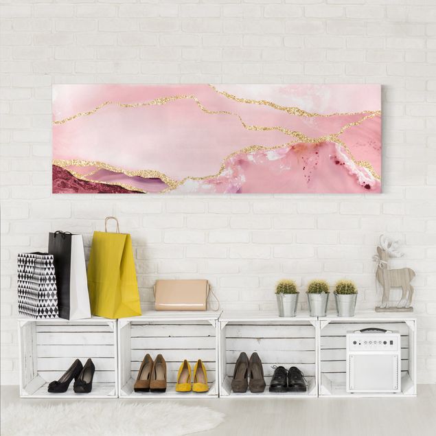 Tableaux sur toile effet pierre Abstract Mountains Pink With Golden Lines