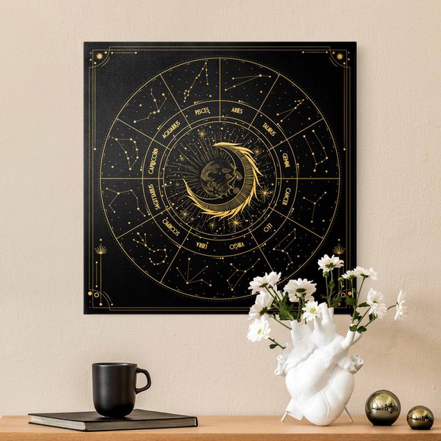 Tableaux zen Astrologie Lune et Signes du Zodiaque Noir