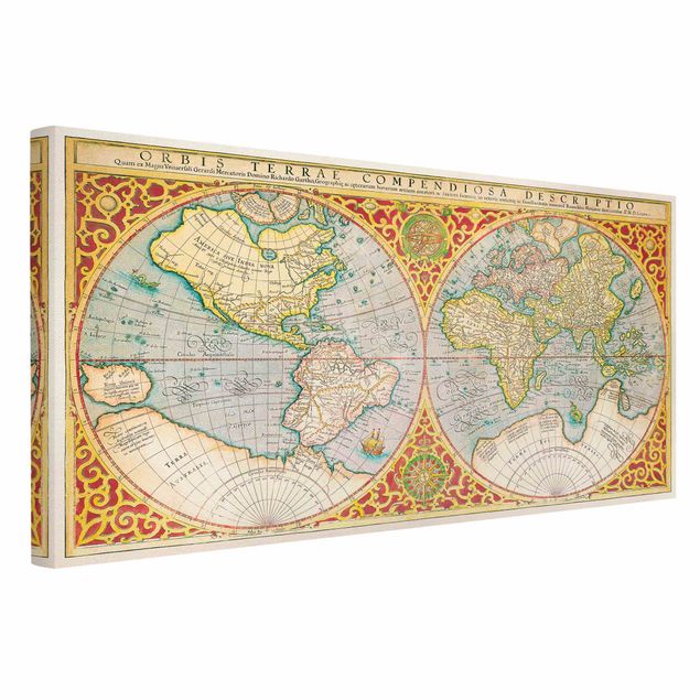 Tableau retro Carte du monde historique Orbis Descriptio Terrare Compendiosa