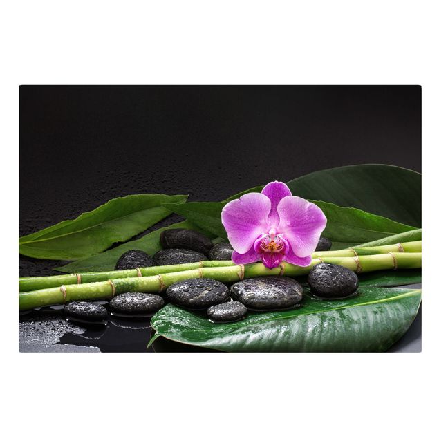 Tableaux sur toile effet pierre Bambou vert avec fleur d'orchidée