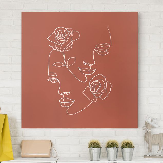 Tableau dominante rouge Line Art Visages Femmes Roses Cuivre