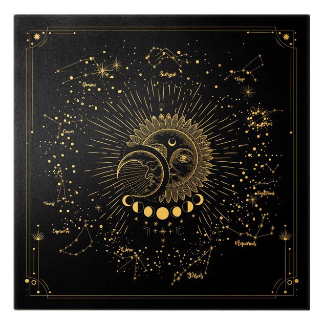 Impressions sur toile Astrologie Soleil Lune et Étoiles Noir