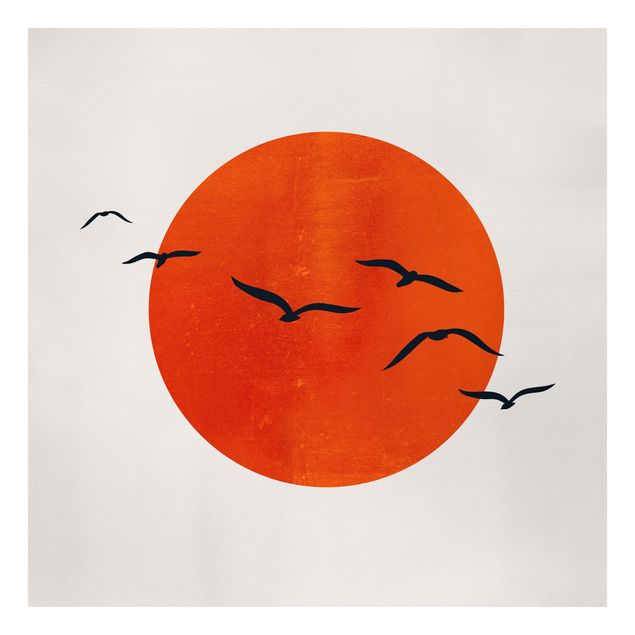 Tableaux moderne Volée d'oiseaux devant le soleil rouge I