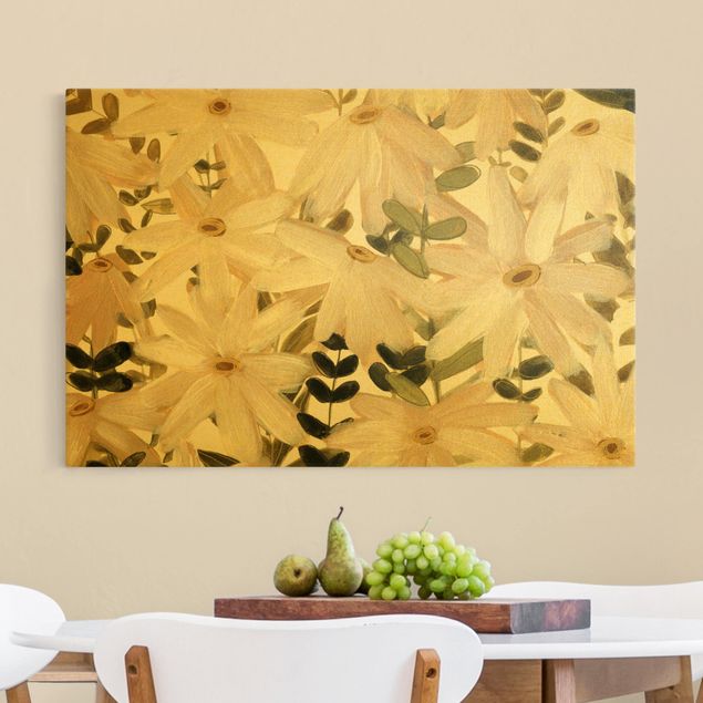 Tableau floral mural Un champ de marguerite en blanc et or
