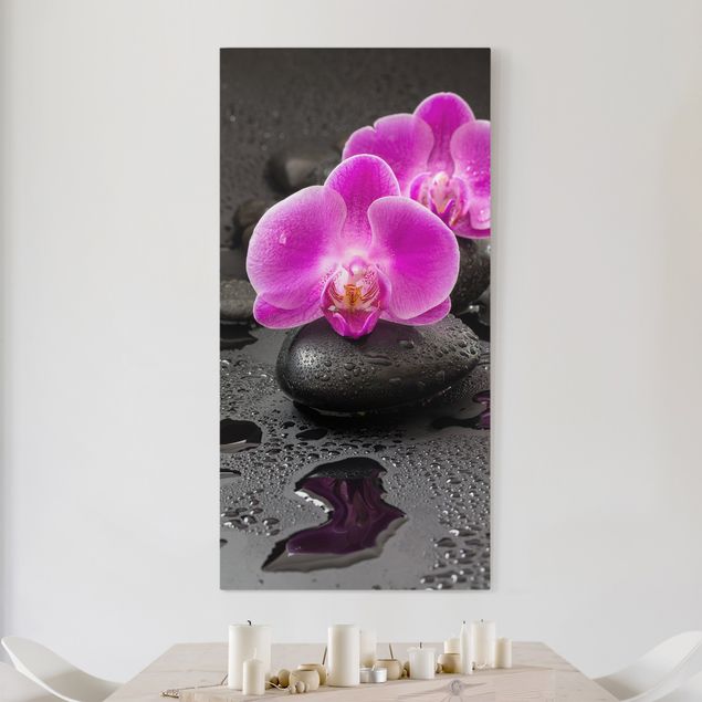 Déco mur cuisine Fleur Orchidée Rose sur Pierres avec Gouttes