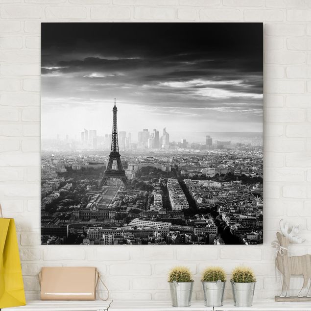 Déco murale cuisine La Tour Eiffel vue du ciel en noir et blanc