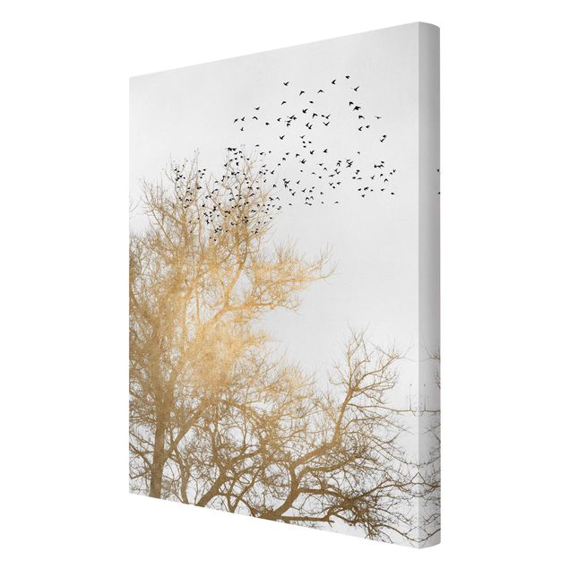 Tableaux animaux Foule d'oiseaux devant un arbre doré