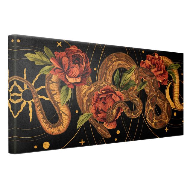 Toile murale Serpent avec Roses Noir Et Or I