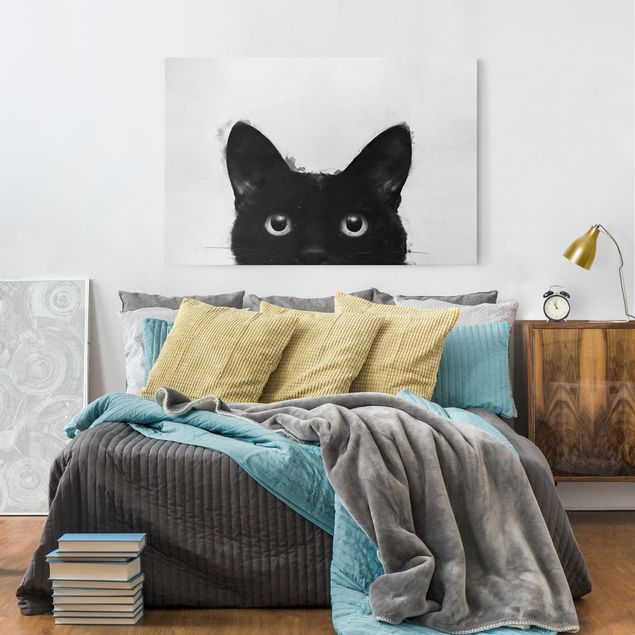 Tableau chats Illustration Chat Noir sur Peinture Blanche