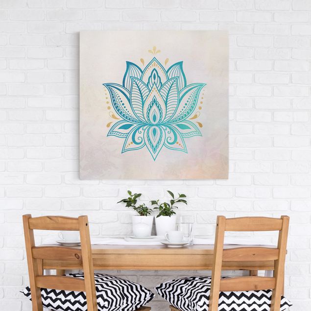 Tableaux sur toile avec dessins Illustration Lotus Mandala Or Bleu