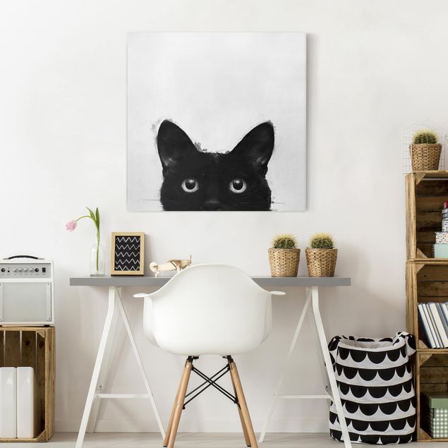 Tableau chats Illustration Chat Noir sur Peinture Blanche