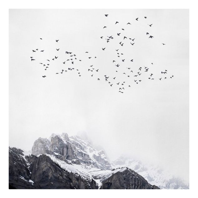 Toile montagne Volée d'oiseaux devant des montagnes noir et blanc