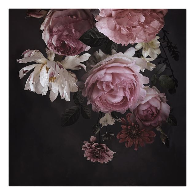 Tableau style vintage Fleurs roses sur fond noir