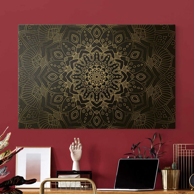 Tableaux sur toile avec dessins Mandala Motif floral Argent Noir
