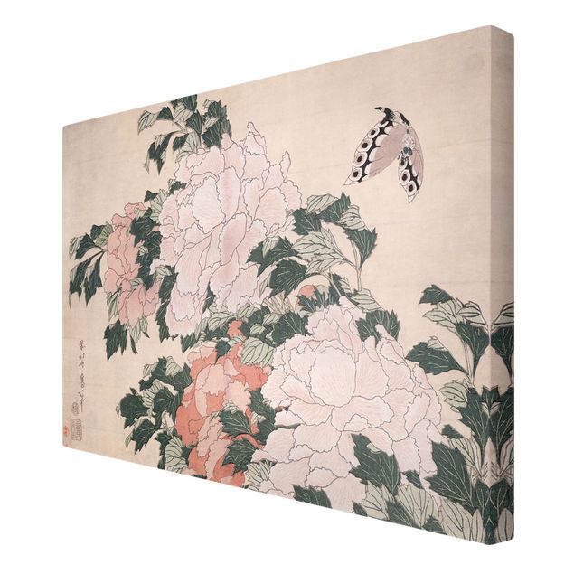 Tableaux moderne Katsushika Hokusai - Pivoines roses avec papillon