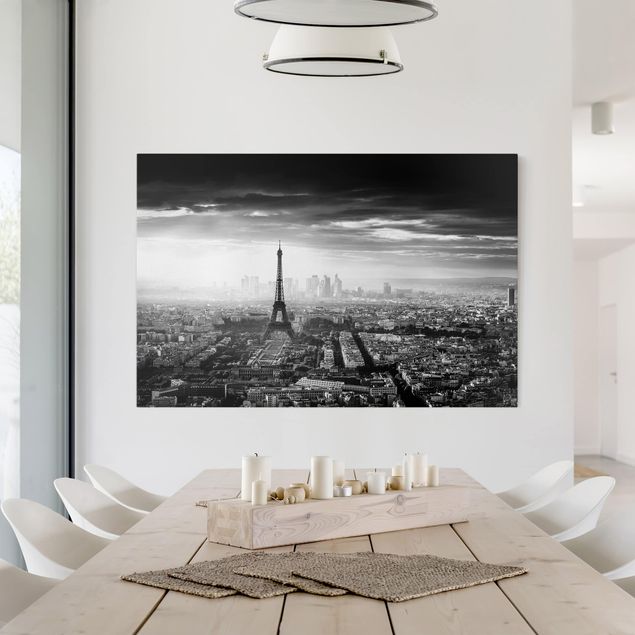 Toiles Paris La Tour Eiffel vue du ciel en noir et blanc