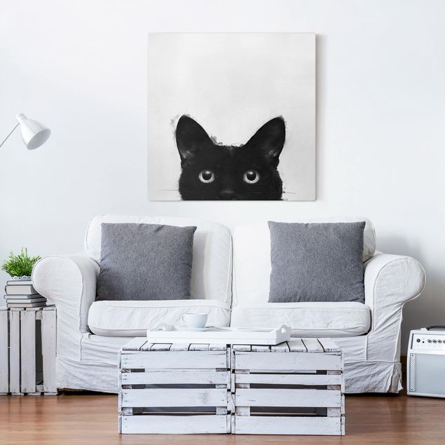 Toile de chat Illustration Chat Noir sur Peinture Blanche