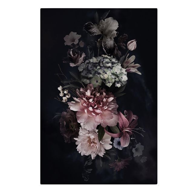 Tableau style vintage Fleurs et brouillard sur fond noir