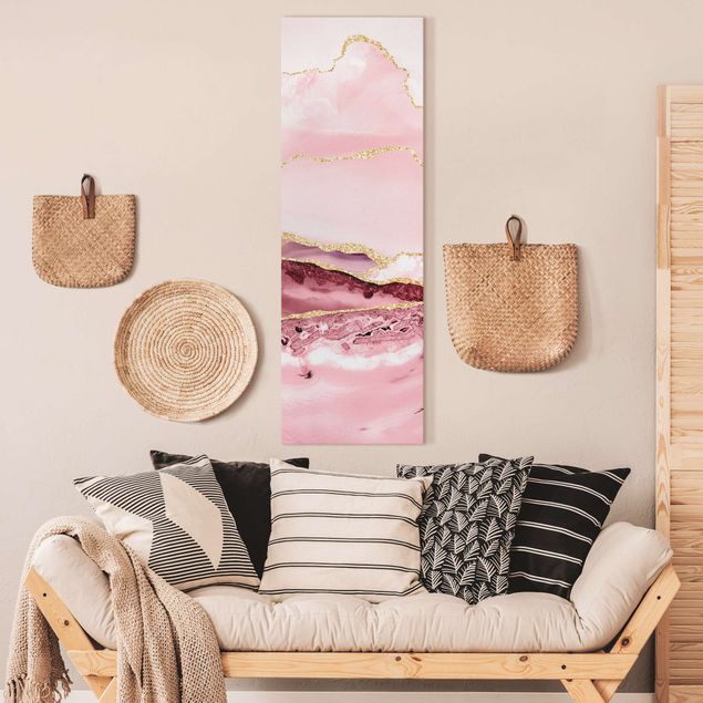Toile paysage montagne Abstract Mountains Pink With Golden Lines
