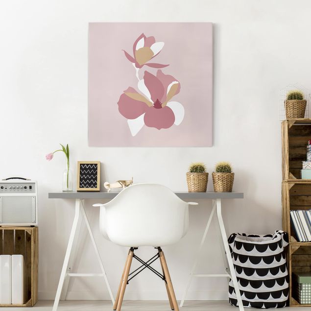 Décoration artistique Line Art Fleurs rose pastel
