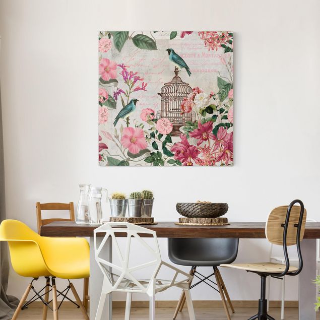 Tableaux moderne Collage Shabby Chic - Fleurs roses et oiseaux bleus