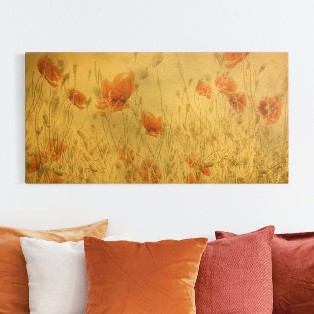 Tableaux sur toile avec herbes Fleurs de pavot et herbes dans un champ