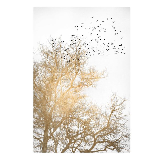 Tableaux modernes Foule d'oiseaux devant un arbre doré