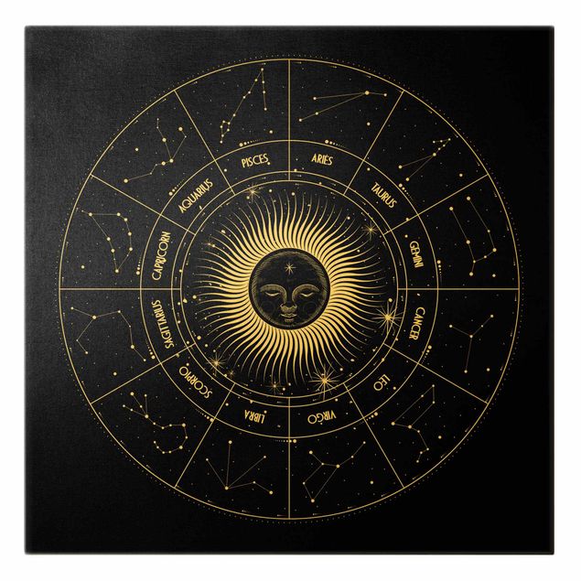 Impressions sur toile Astrologie Signe du Zodiaque dans un cercle de soleil Noir