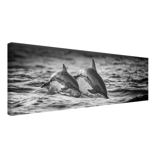 Tableaux sur toile en noir et blanc Deux dauphins qui sautent