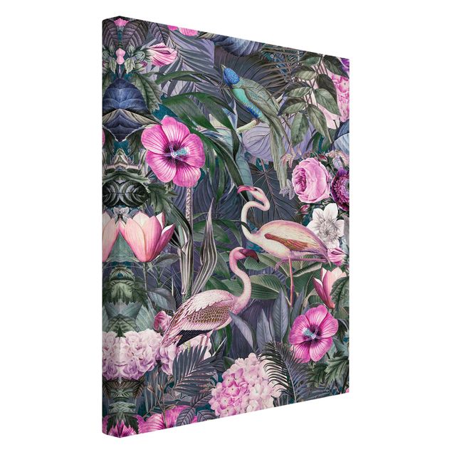 Toile oiseaux Collage coloré - Flamants roses dans la jungle