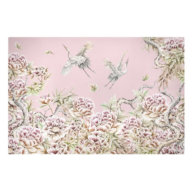 Tableau fleurs Aquarelle - Cigognes en vol avec roses sur rose