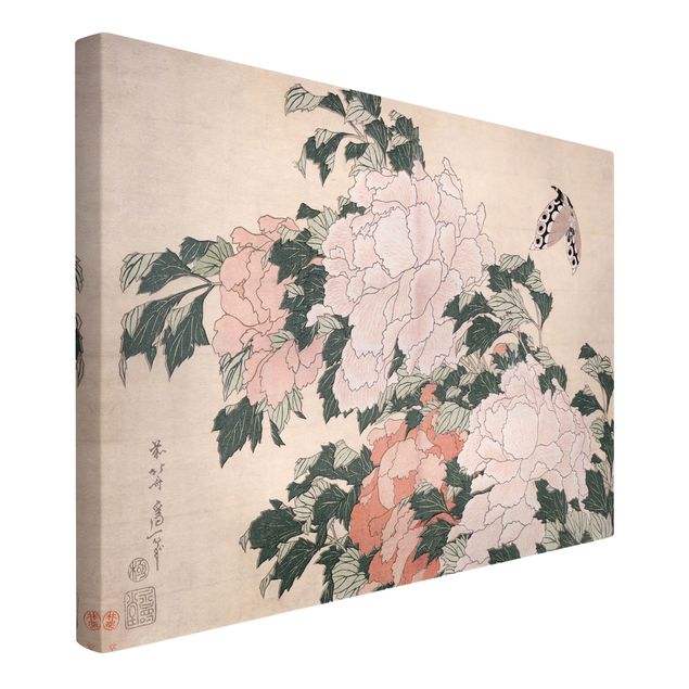 Toile fleur rose Katsushika Hokusai - Pivoines roses avec papillon