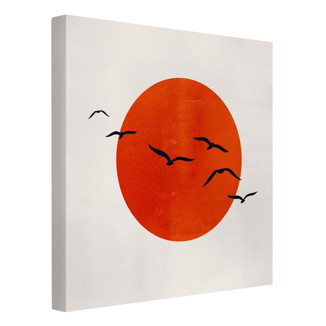 Tableau toile coucher de soleil Volée d'oiseaux devant le soleil rouge I