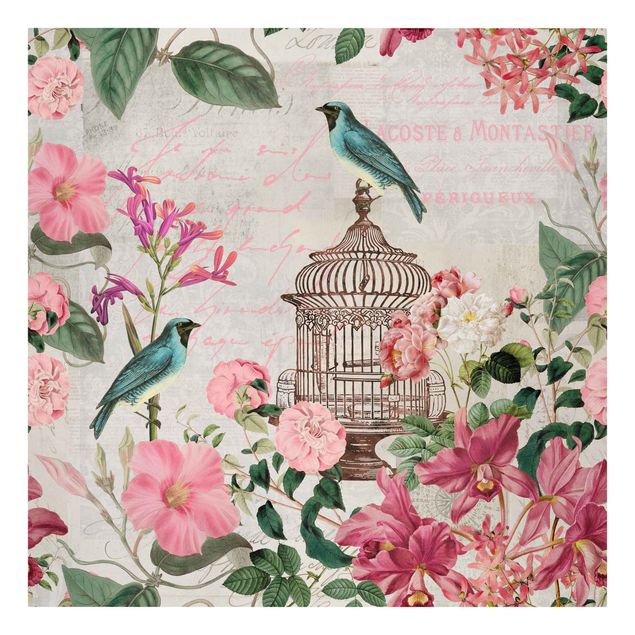 Cadre animaux Collage Shabby Chic - Fleurs roses et oiseaux bleus