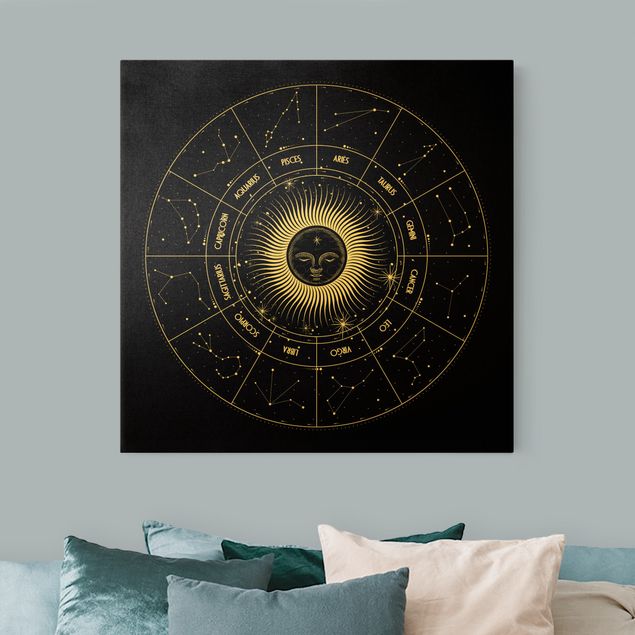 Tableau zen Astrologie Signe du Zodiaque dans un cercle de soleil Noir