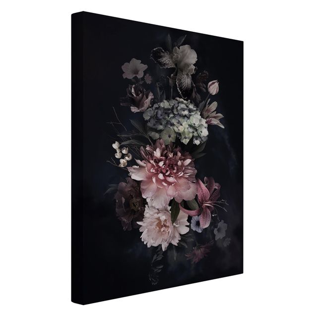 tableaux floraux Fleurs et brouillard sur fond noir