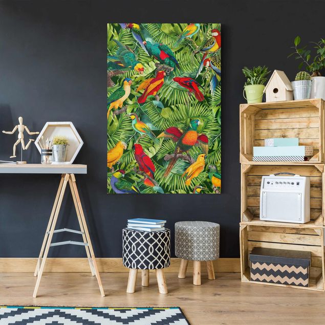 Tableaux oiseaux sur toile Collage coloré - Perroquets dans la jungle