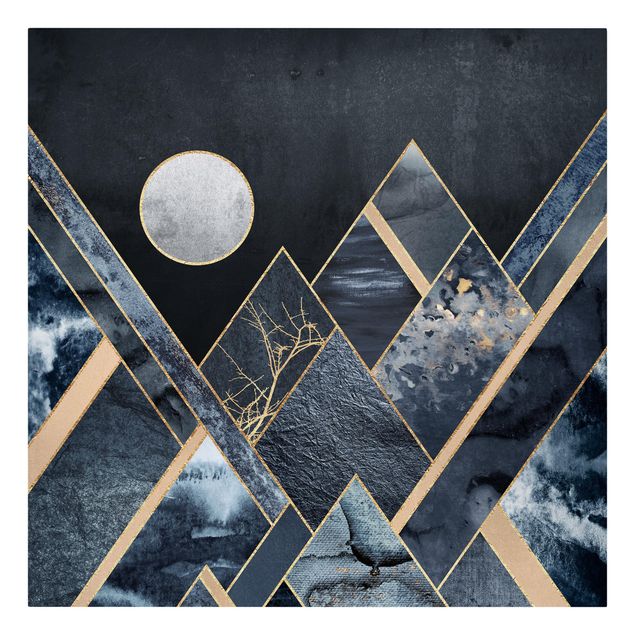 Tableau moderne Lune dorée Montagnes noires abstraites