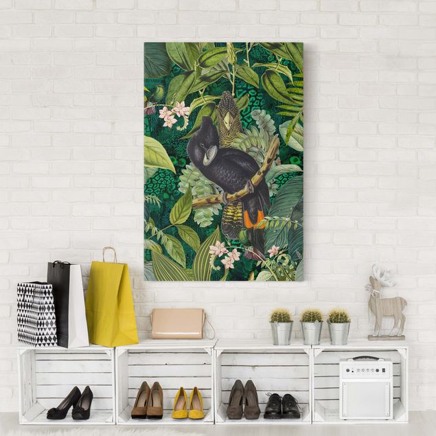 Tableau jungle tropicale Collage coloré - Cacatoès dans la jungle