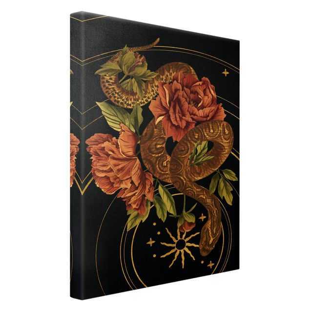Tableaux Serpent avec Roses Noir Et Or III